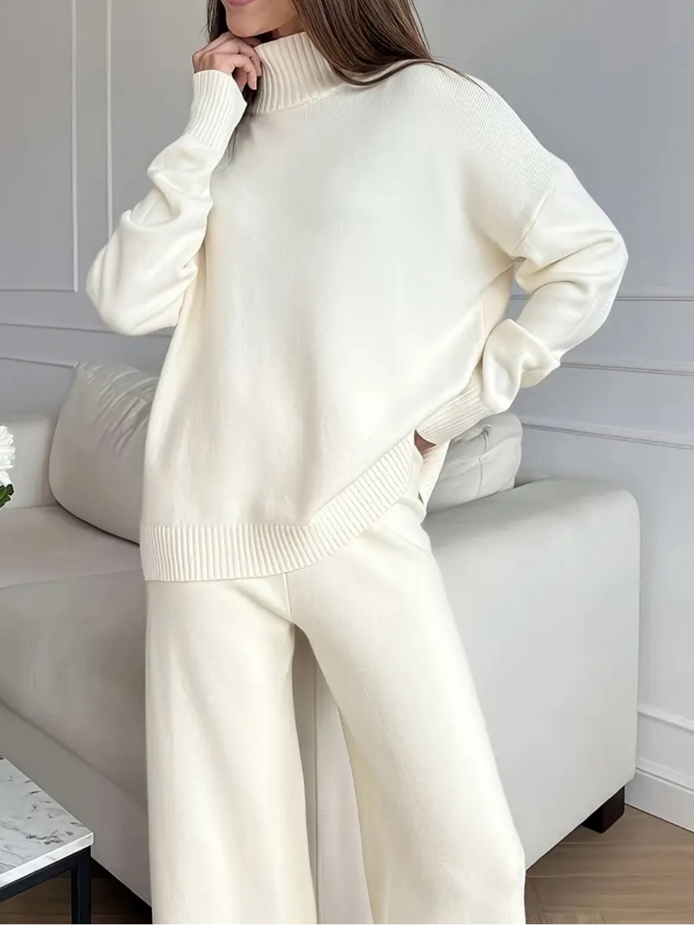 Cozy Lounge Set in White Turtleneck Sweater & Wide Leg Pants - petite M